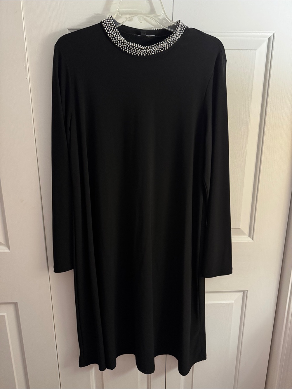 Black Long-Sleeve Dress with Pearl-Embellished Neckline